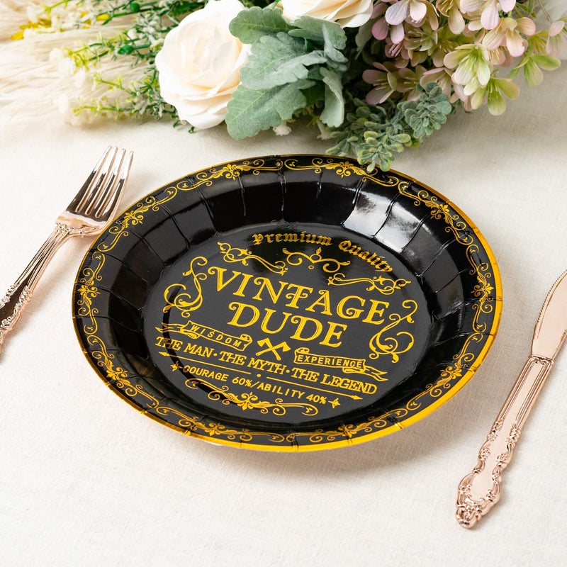 Crisky Vintage Dude Disposable Plates for Men Birthday Decorations Black Gold Dessert, Buffet, Cake, Lunch, Dinner Disposable Plates Men Birthday Party Table Supples, 50 Count, 9 inches - Image 2